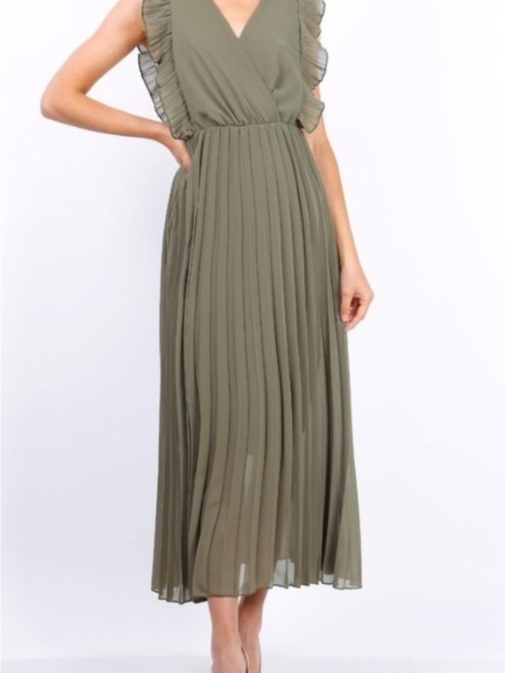 Olive Pleated Maxi Dress with Ruffle Cap Sleeves